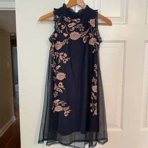 Ava & Yelly navy & bronze embroidered tulle shift dress size 14